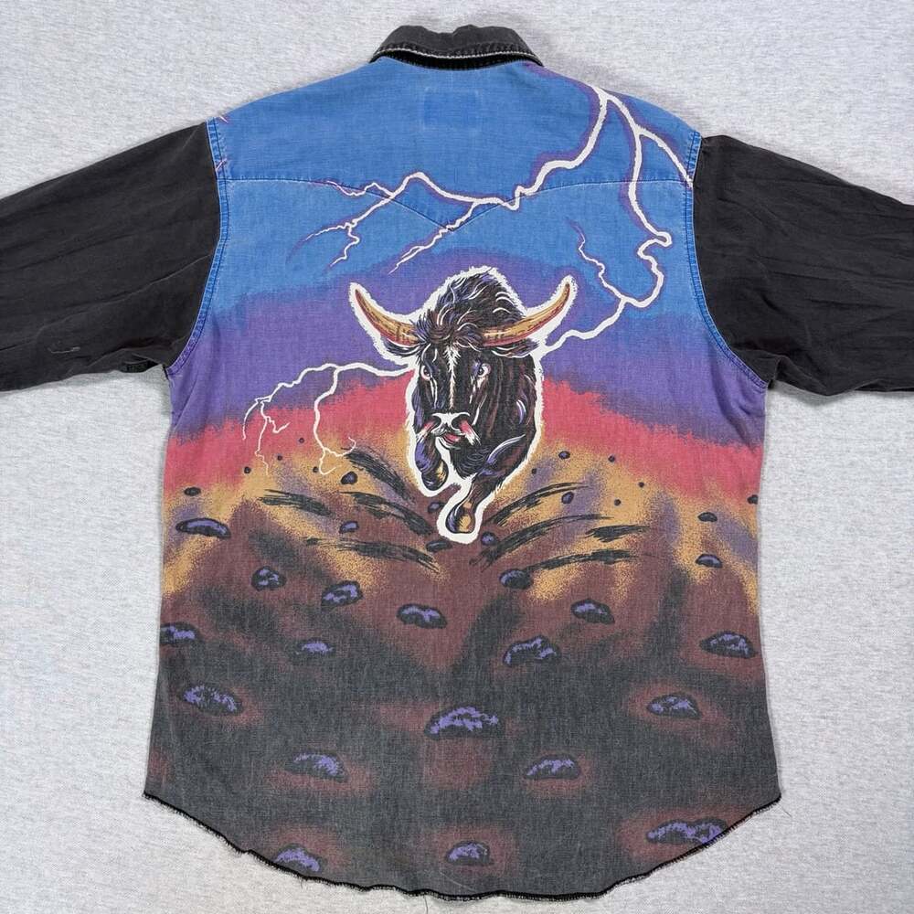 Wrangler Western Lightning Bull Button Up Shirt Size 17-35 Black Denim